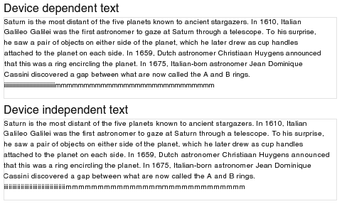 Device dependent (top) and device independent (bottom) text layout at reduced magnification